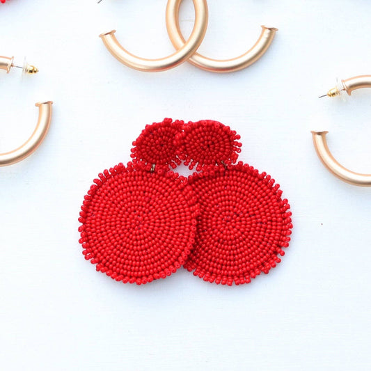 Red Beaded Drop Disc Earrings - SPARROW