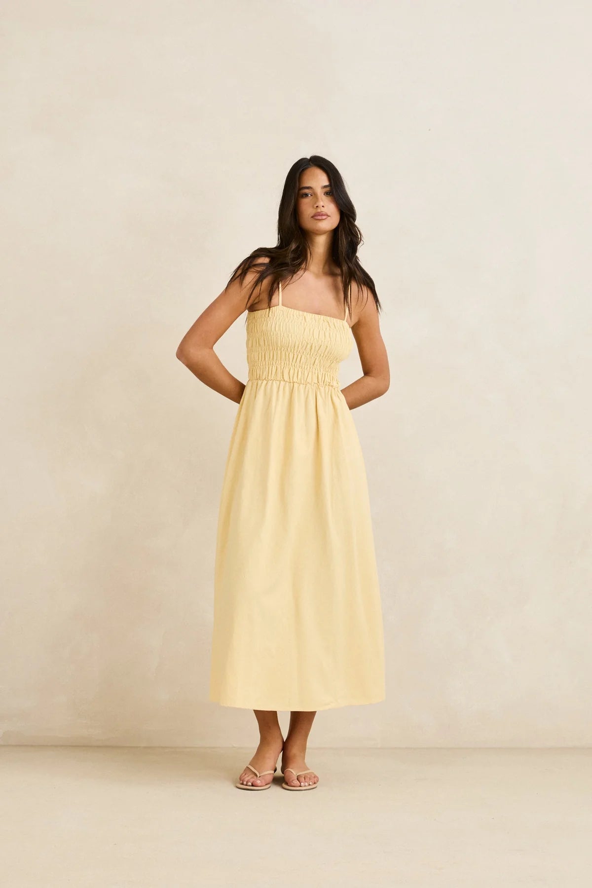 Rhythm Classic Shirred Midi Dress - SPARROW