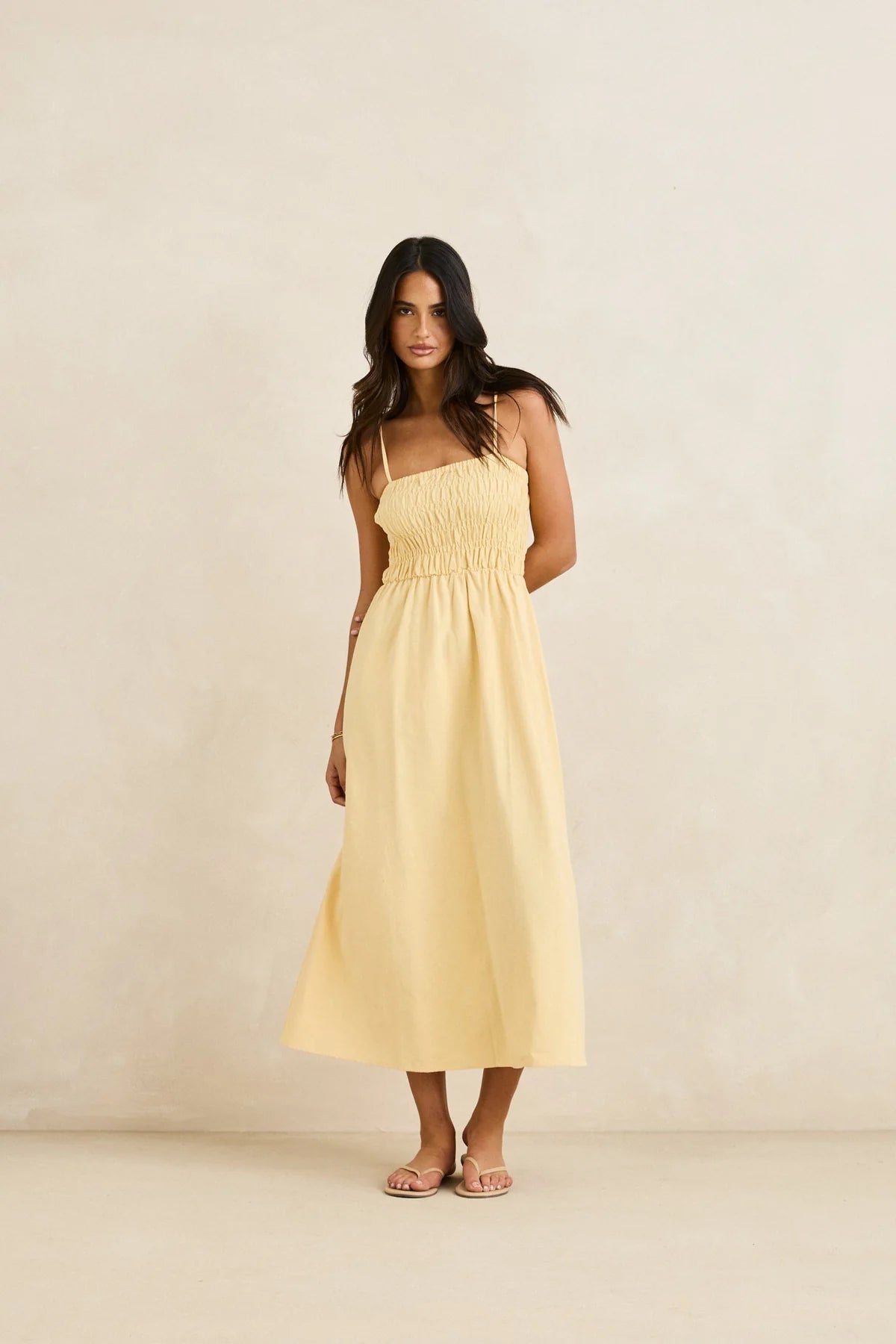 Rhythm Classic Shirred Midi Dress - SPARROW