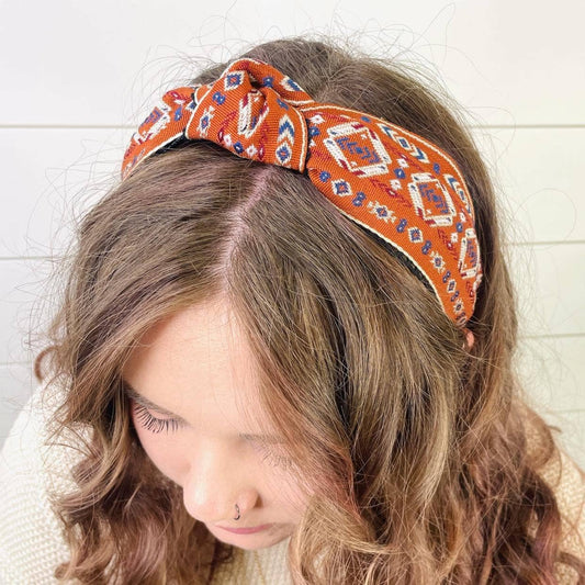 Rust Aztec & Lace Boho Knot Headband - SPARROW
