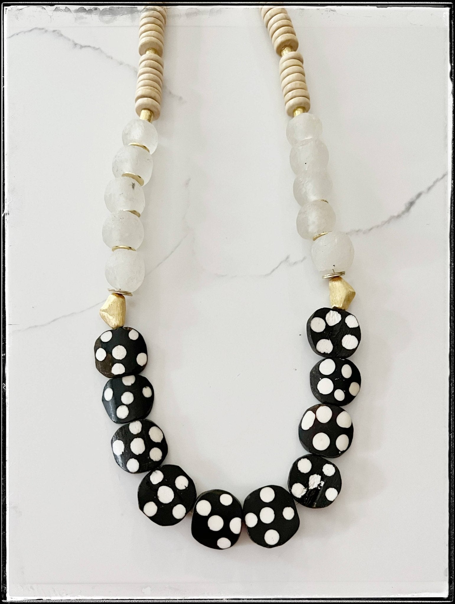 Tan Coconut & Polka Dot African Bone Bead Necklace - SPARROW