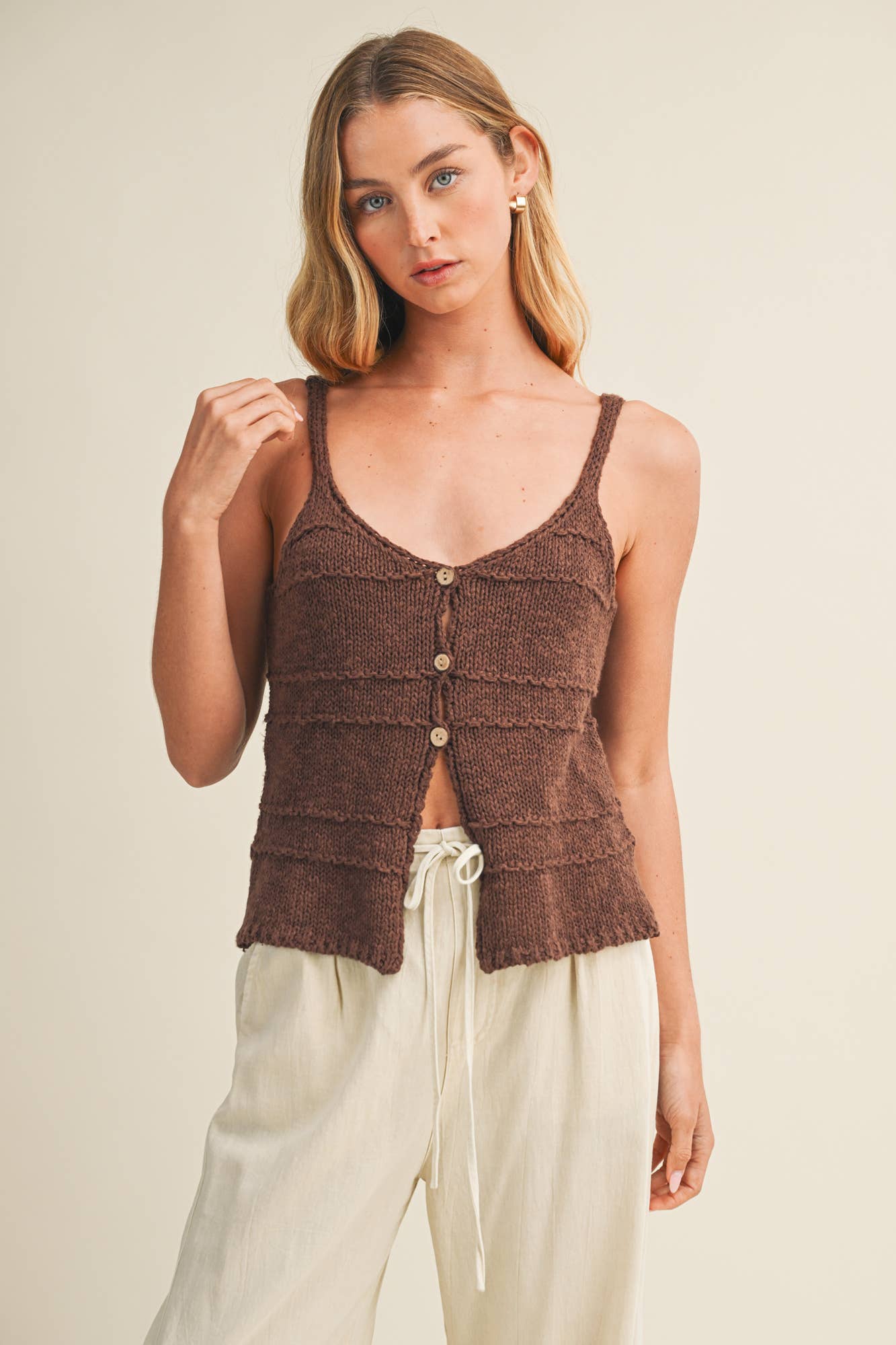 Tia Textured Knit Cami - Chocolate - SPARROW