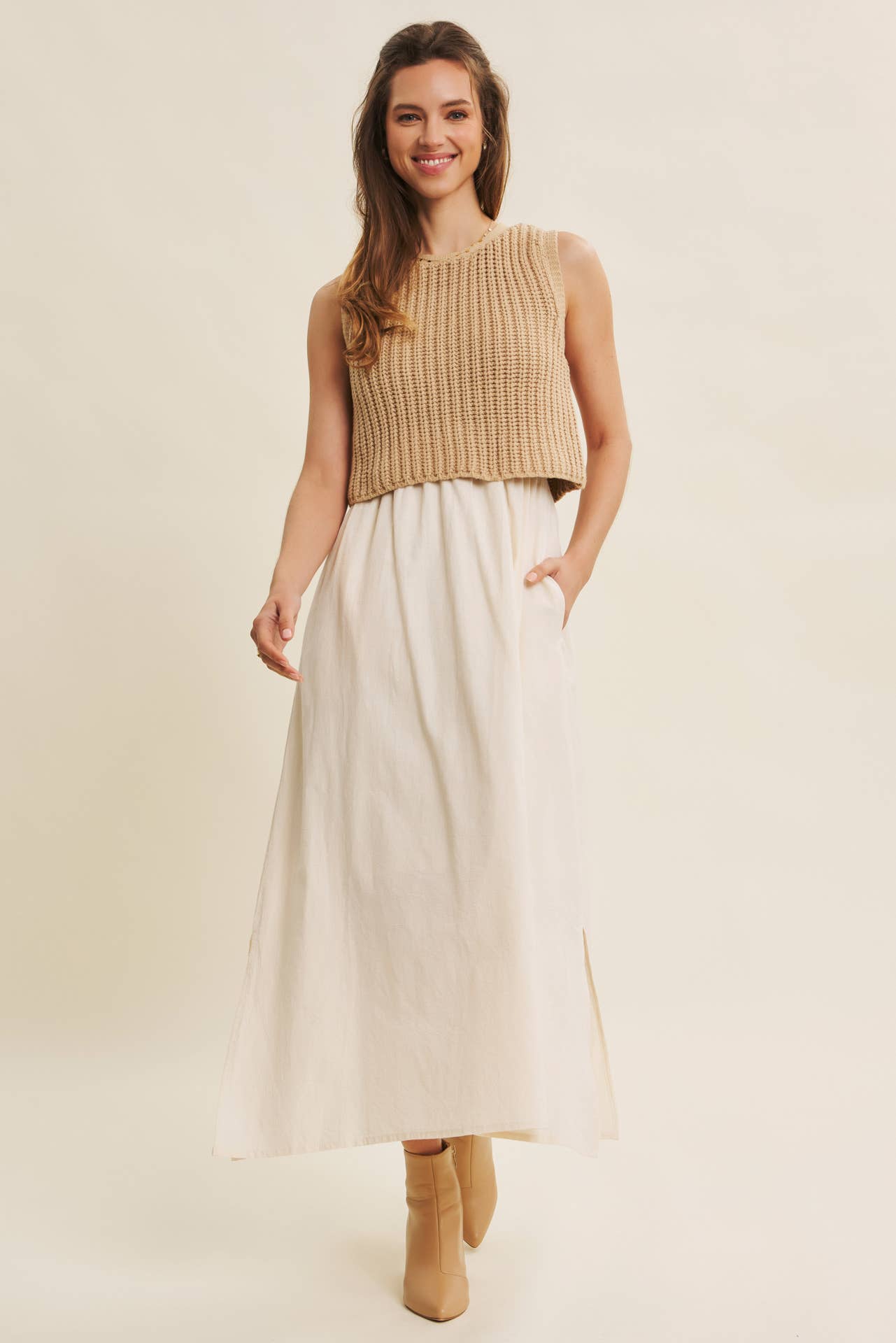 Wallis Dress - Tan and Cream - SPARROW