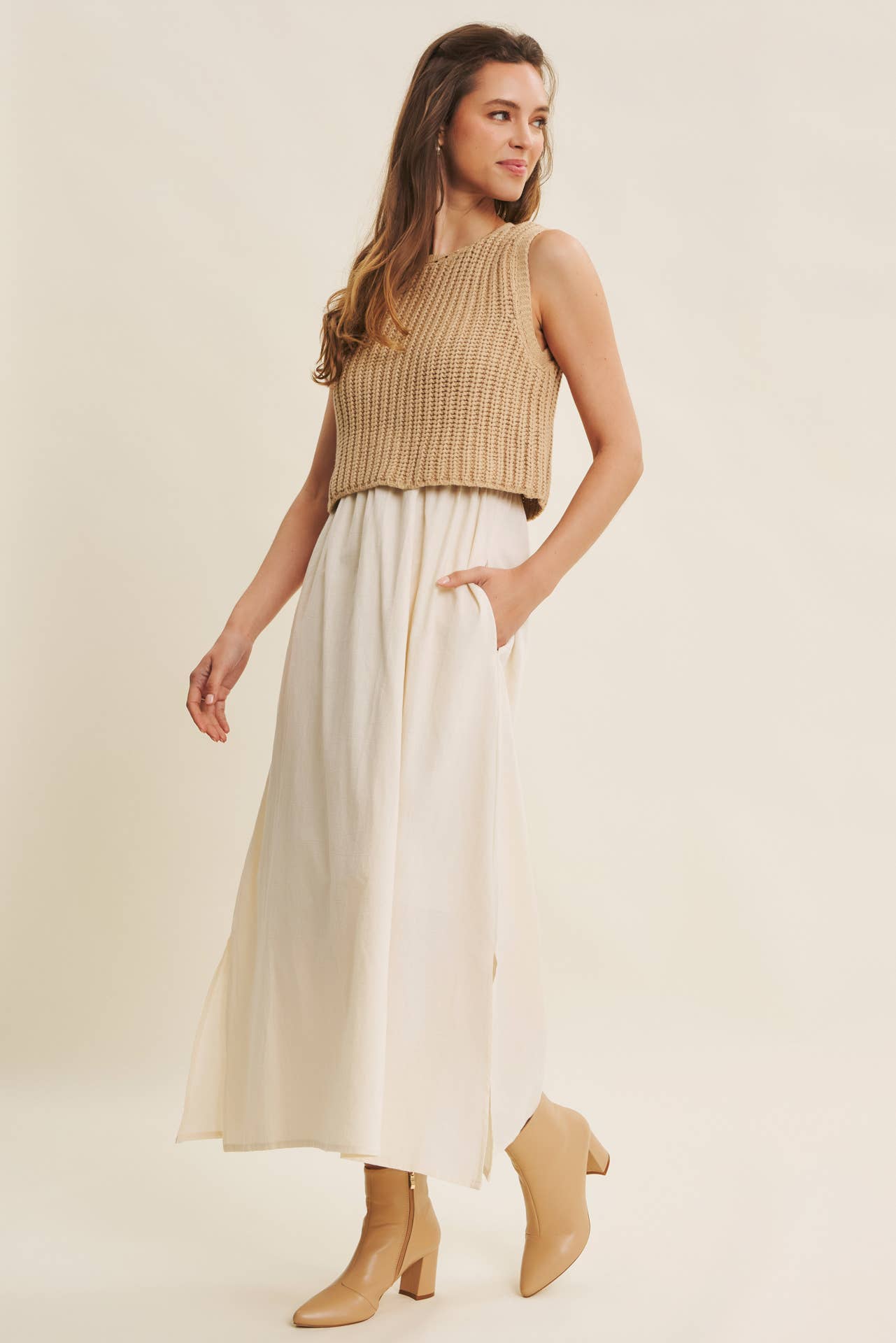 Wallis Dress - Tan and Cream - SPARROW