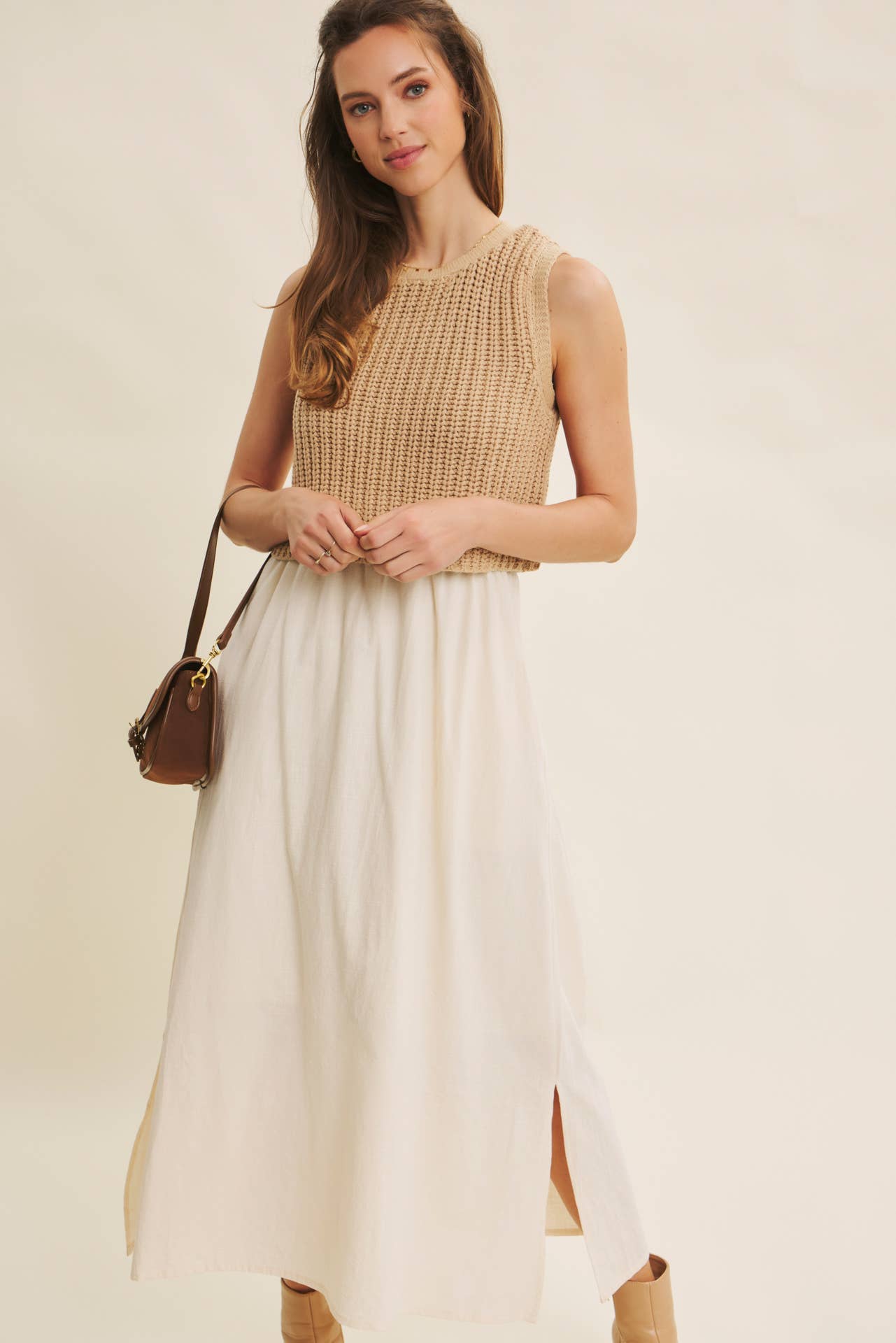 Wallis Dress - Tan and Cream - SPARROW