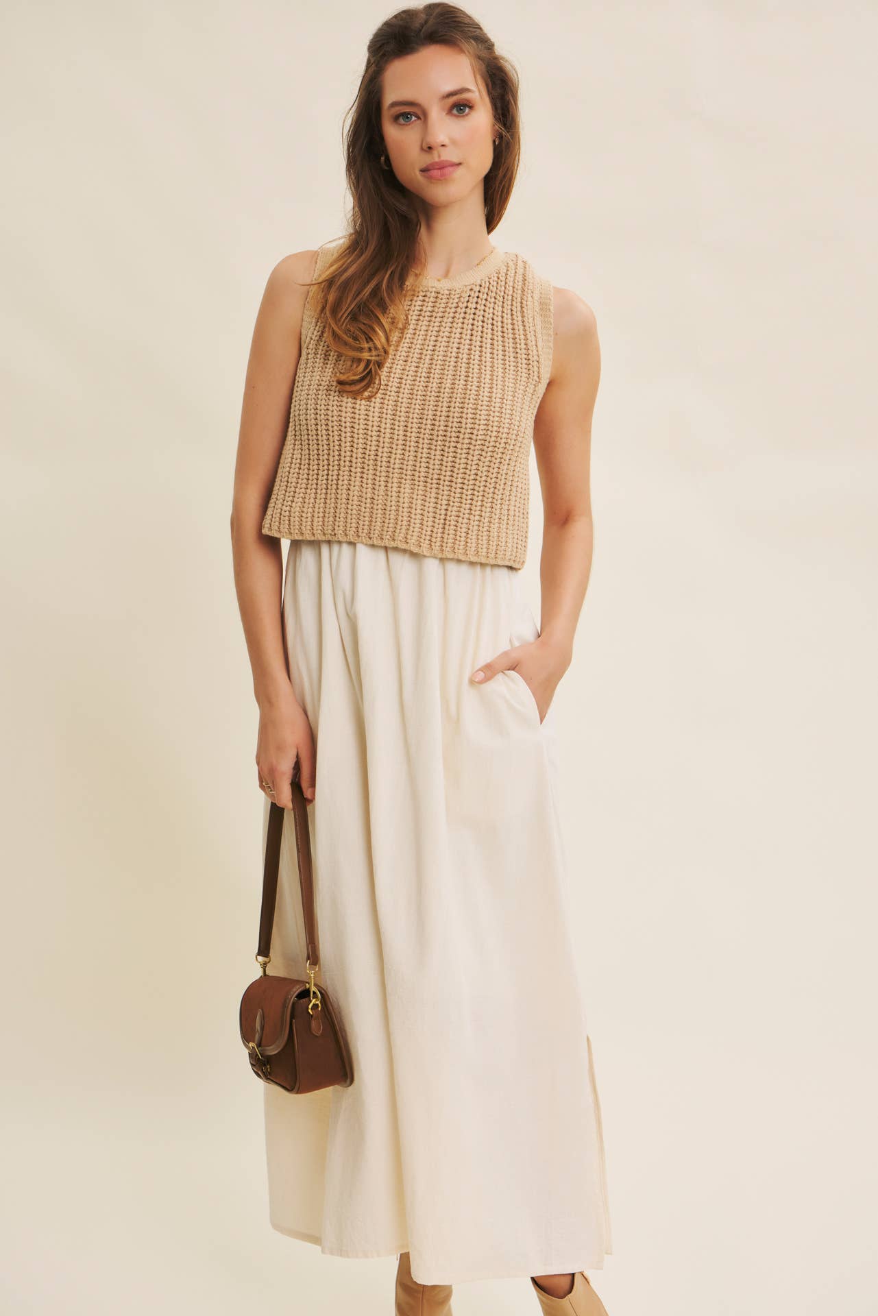 Wallis Dress - Tan and Cream - SPARROW