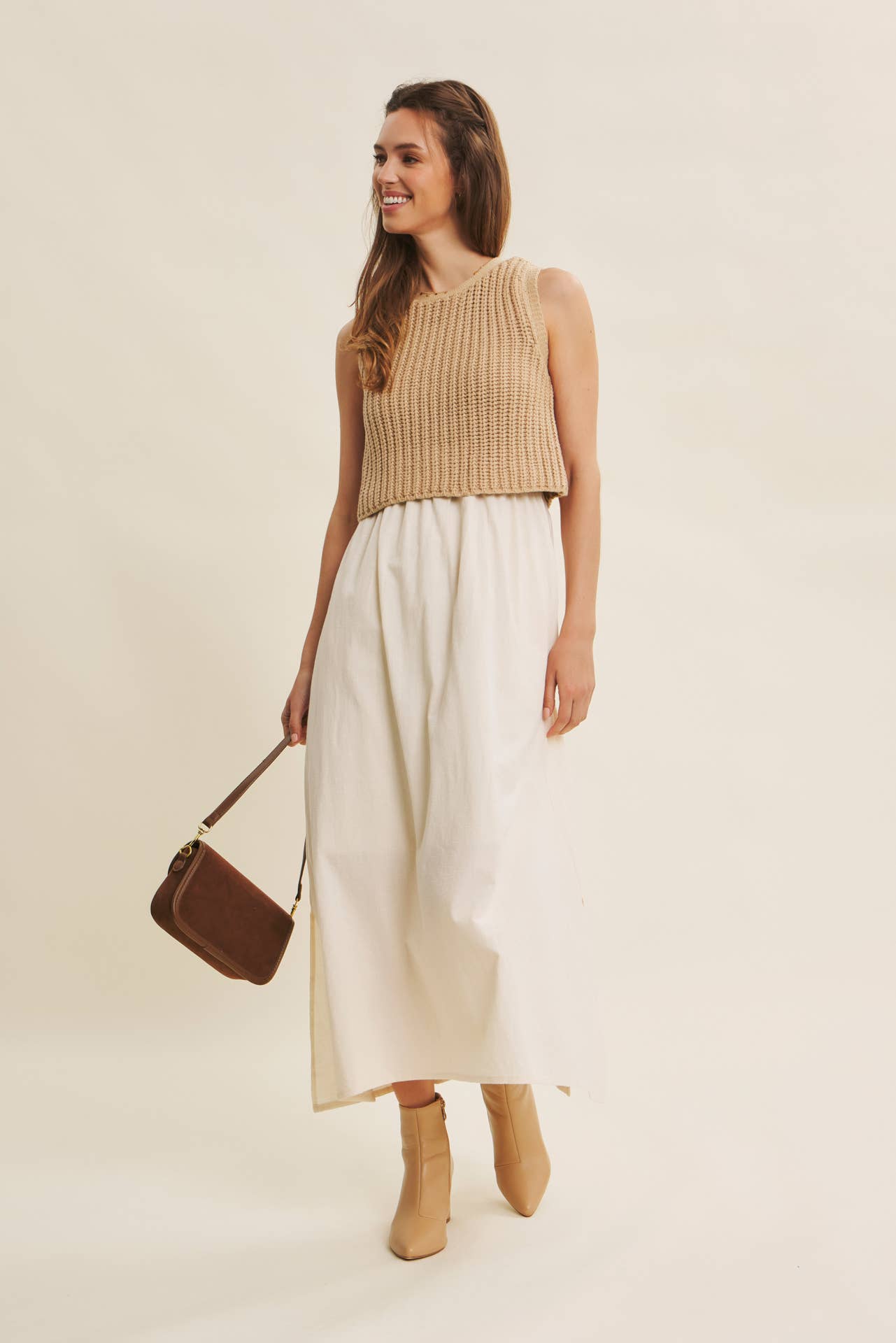 Wallis Dress - Tan and Cream - SPARROW