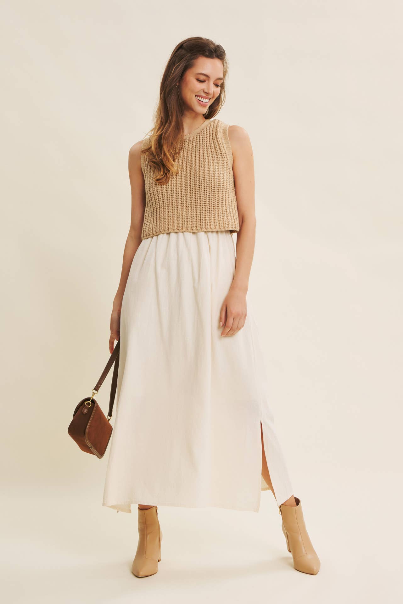 Wallis Dress - Tan and Cream - SPARROW