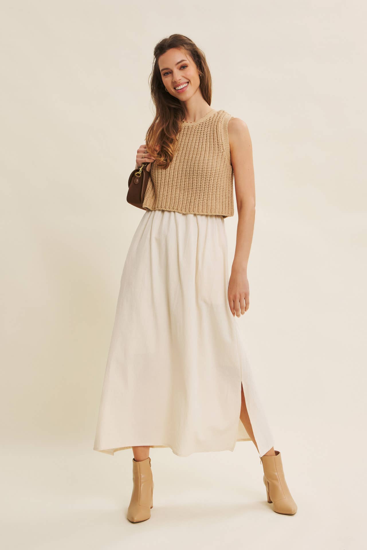Wallis Dress - Tan and Cream - SPARROW