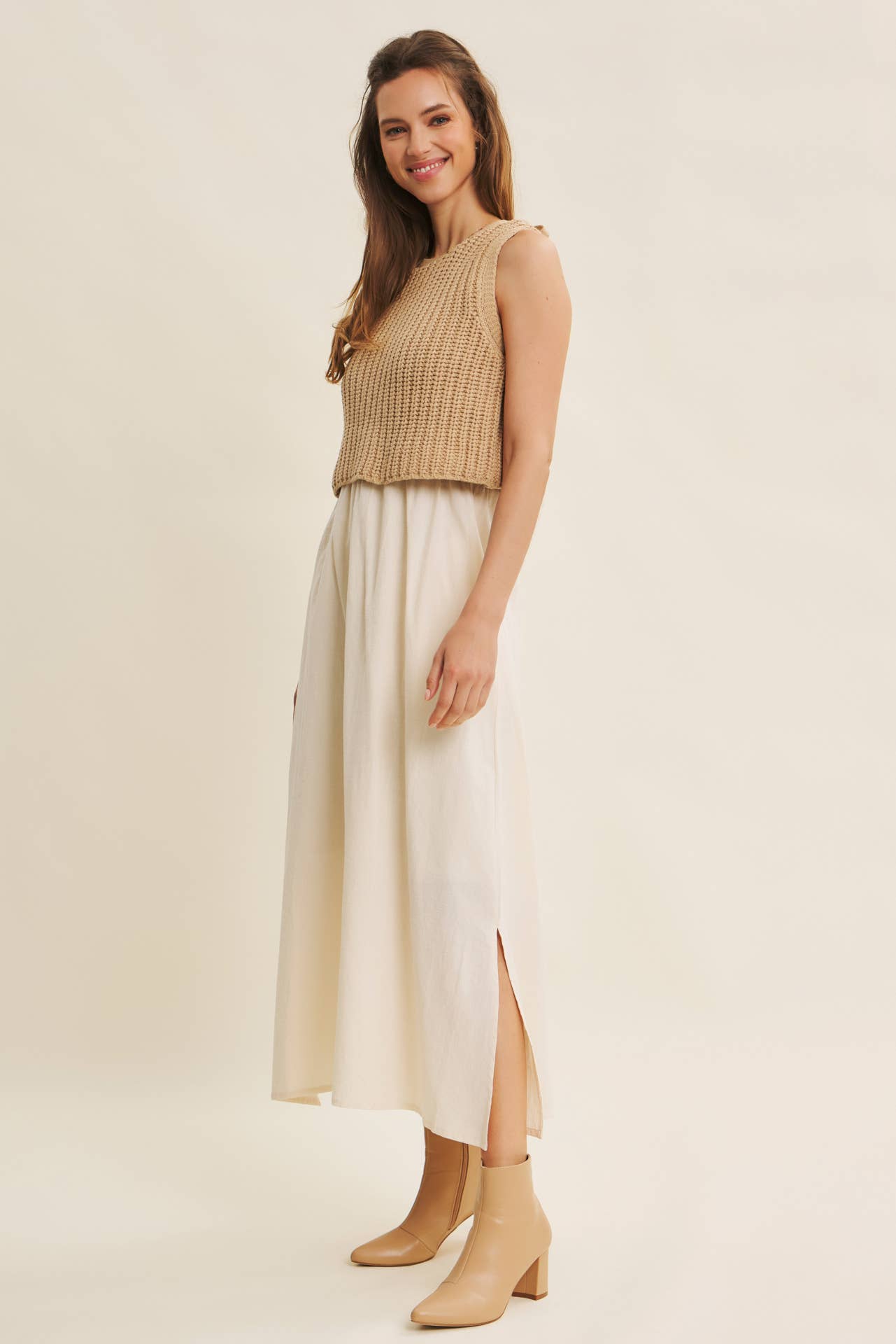 Wallis Dress - Tan and Cream - SPARROW