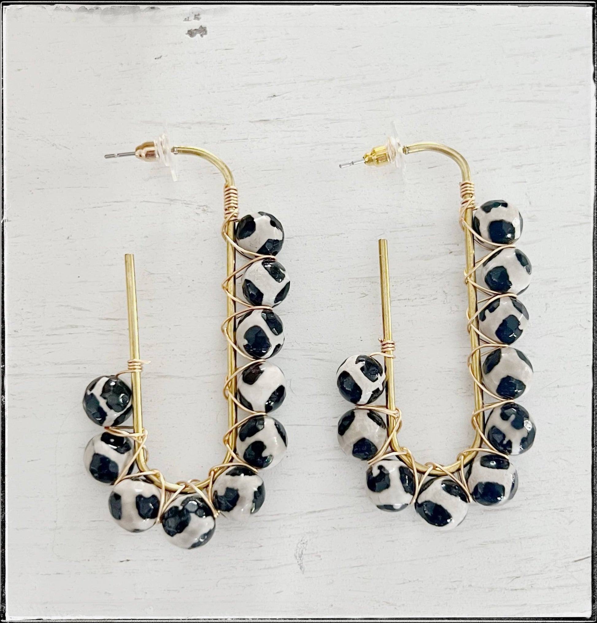 Wire Wrapped Open Hoop Glass Bead Dangle Earring Black Agate - SPARROW